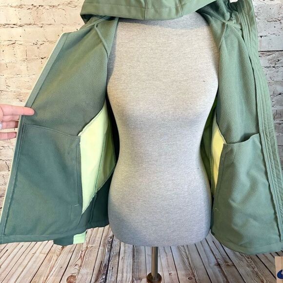 Asics Softshell Green Jacket Hood Full Zip Color Block Rain Water Resistant Med - Picture 7 of 9
